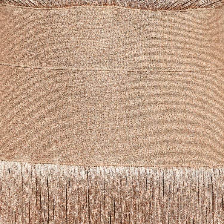 Pre Owned Herve Leger Metallic Lurex Knit Fringed Bodycon Evening Gown M