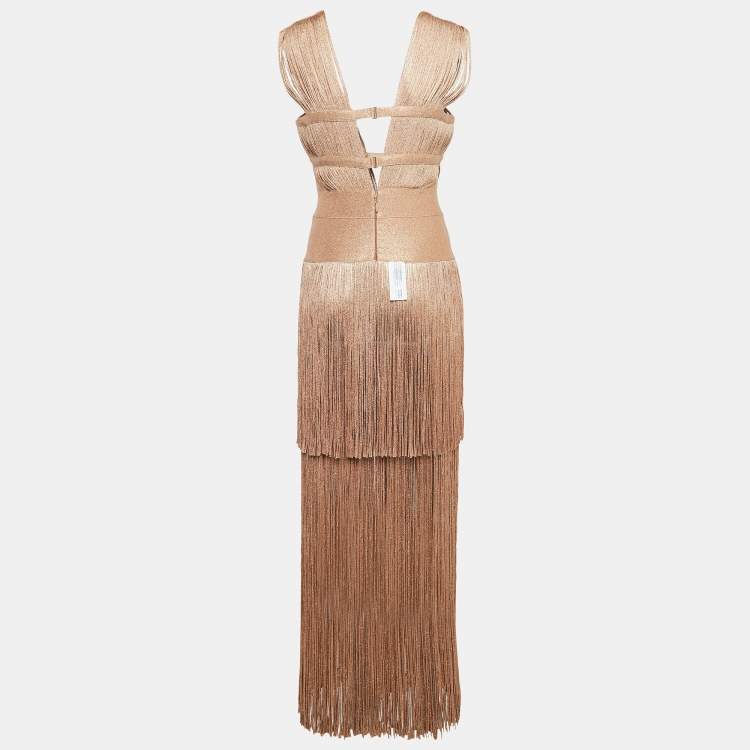 Pre Owned Herve Leger Metallic Lurex Knit Fringed Bodycon Evening Gown M