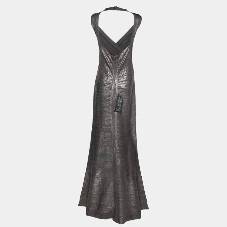 Pre Owned Herve Leger Dark Grey Woodgrain Foil Print Camilla Bandage Gown L