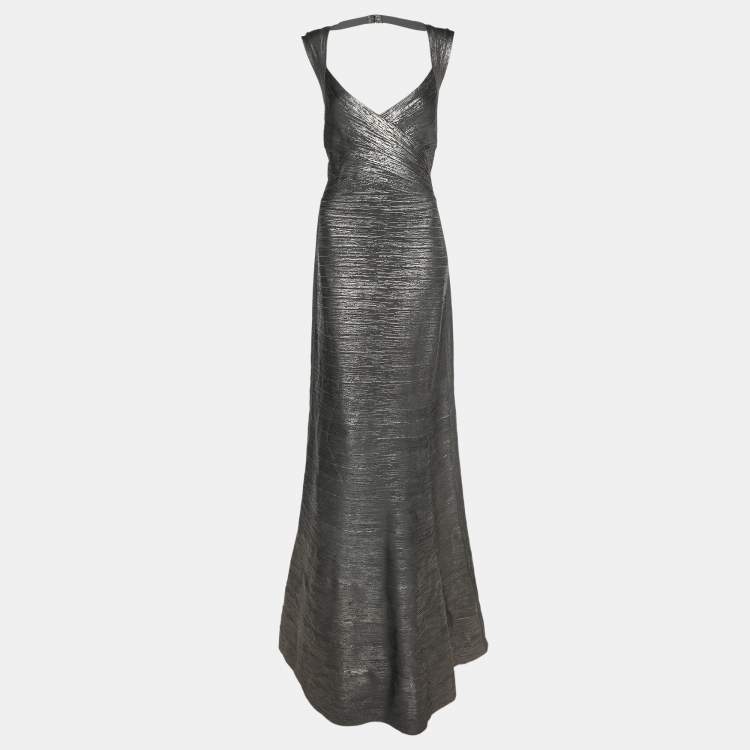 Pre Owned Herve Leger Dark Grey Woodgrain Foil Print Camilla Bandage Gown L
