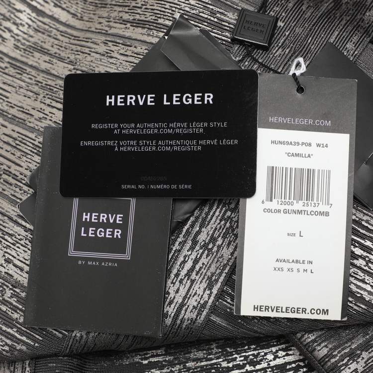 Pre Owned Herve Leger Dark Grey Woodgrain Foil Print Camilla Bandage Gown L