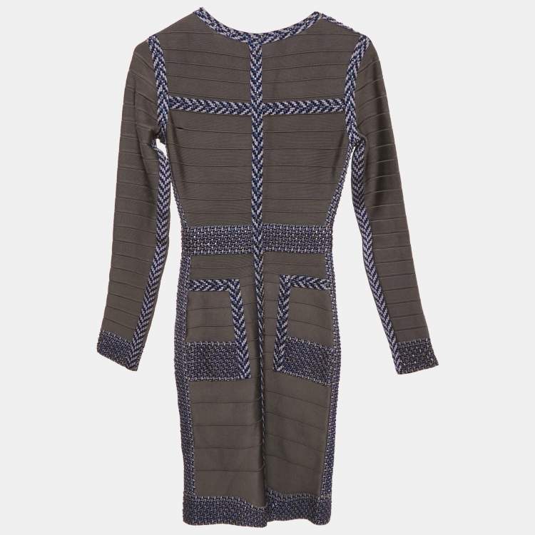 Pre Owned Herve Leger Grey/Blue Beaded Knit Bandage Keslyn Dress XS
