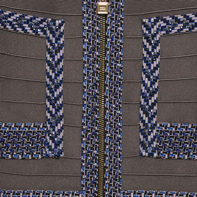 Pre Owned Herve Leger Grey/Blue Beaded Knit Bandage Keslyn Dress XS