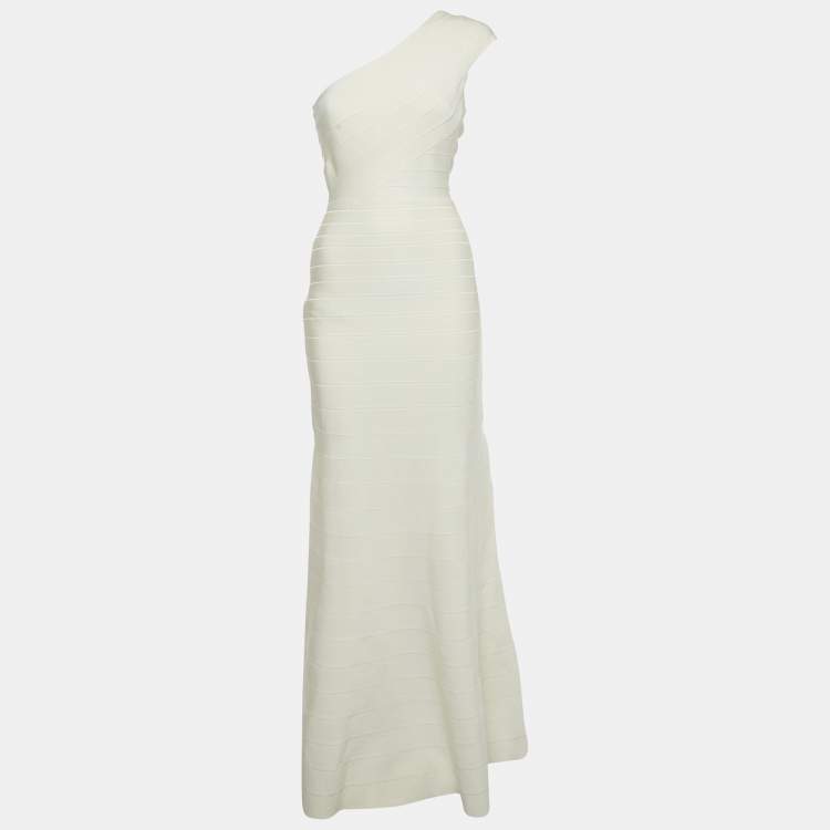 Pre Owned Herve Leger Cream Knit One-Shoulder Elena Bandage Maxi Dress M