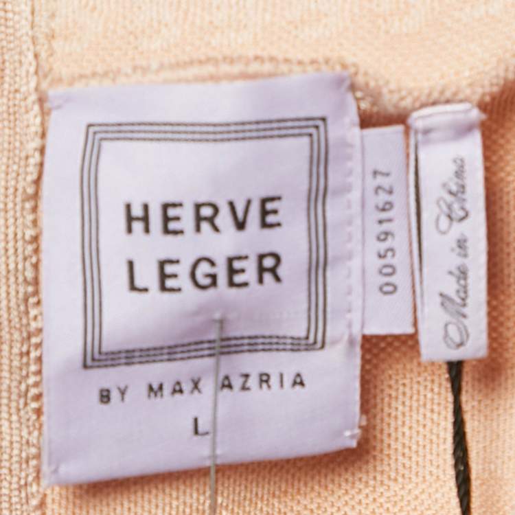 Pre Owned Herve Leger Beige Striped Knit Bandage Mini Dress L