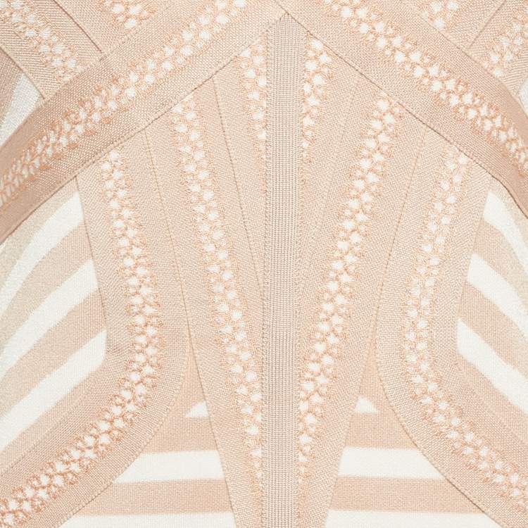 Pre Owned Herve Leger Beige Striped Knit Bandage Mini Dress L
