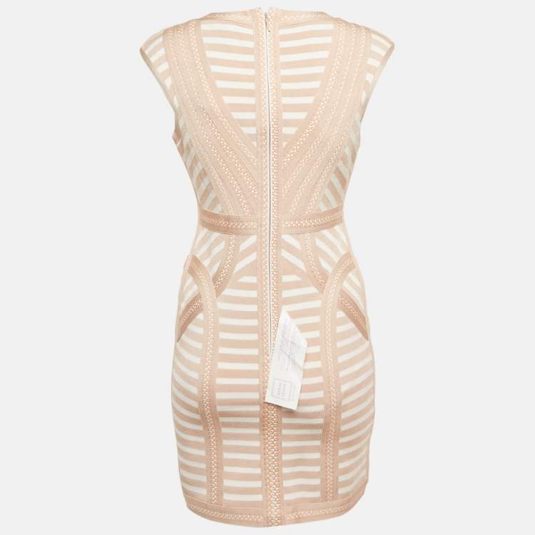 Pre Owned Herve Leger Beige Striped Knit Bandage Mini Dress L
