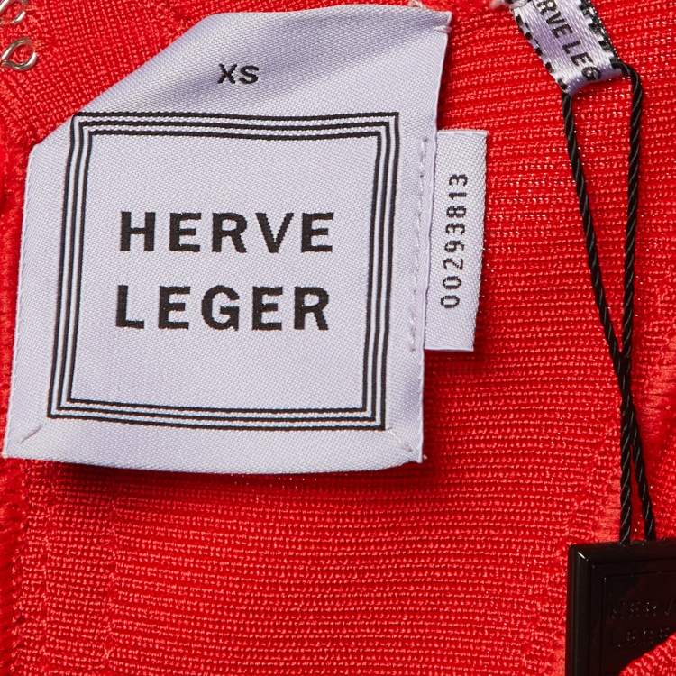 Pre Owned Herve Leger Red Knit Clarissa Maxi Bandage Dress XS