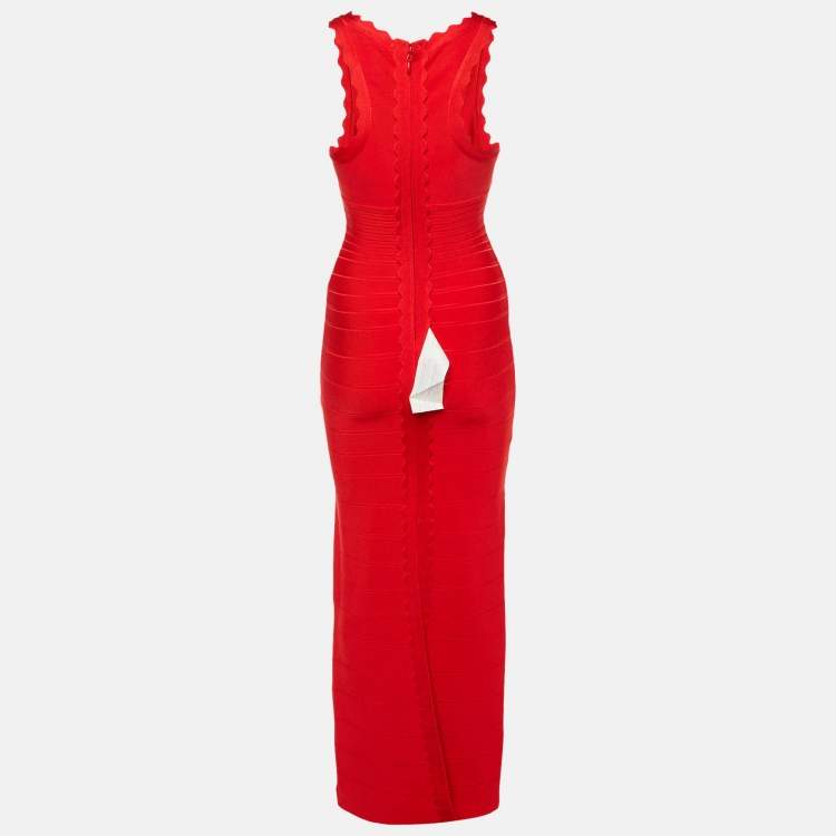 Pre Owned Herve Leger Red Knit Clarissa Maxi Bandage Dress XS