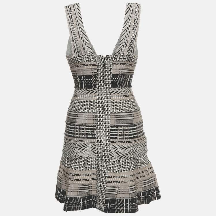 Pre Owned Herve Leger Grey Patterned Knit Gravel Mini Dress S