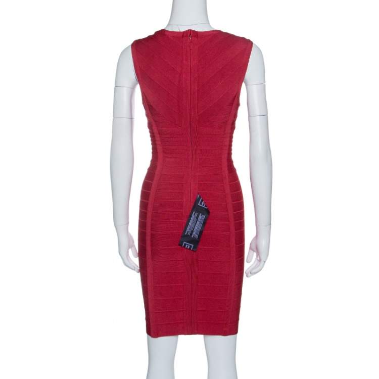 Pre Owned Herve Leger Lipstick Red Sleeveless Darby Bandage Dress S