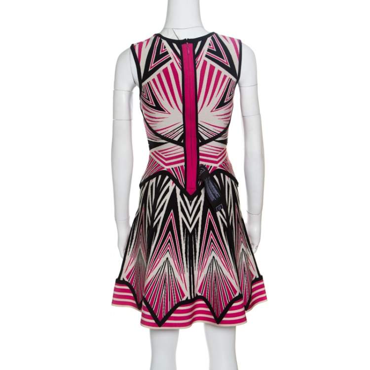 Pre Owned Herve Leger Aztec Pattern Jacquard Knit Cutout Detail A Line Anaya Dress XXS
