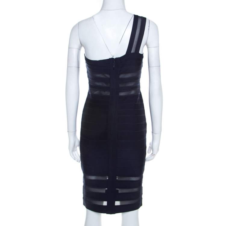 Pre Owned Herve Leger Navy Blue Knit and Mesh Insert One Shoulder Lara Bandage Dress M 