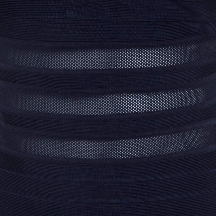 Pre Owned Herve Leger Navy Blue Knit and Mesh Insert One Shoulder Lara Bandage Dress M 