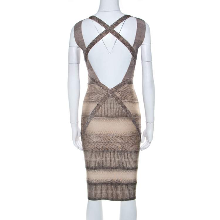 Pre Owned Herve Leger Brown Snakeskin Print Bandage Cocktail Dress XS 