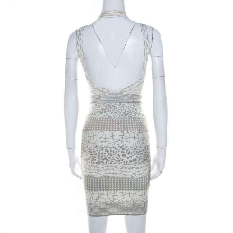 Pre Owned Herve Leger Dove Grey Multi Print Paneled Halter Bandage Dress XS