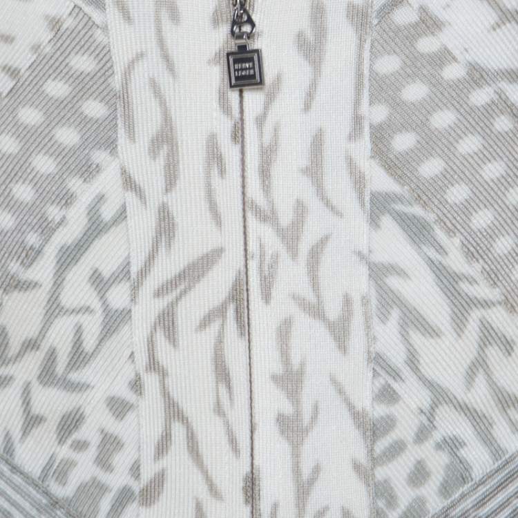 Pre Owned Herve Leger Dove Grey Multi Print Paneled Halter Bandage Dress XS