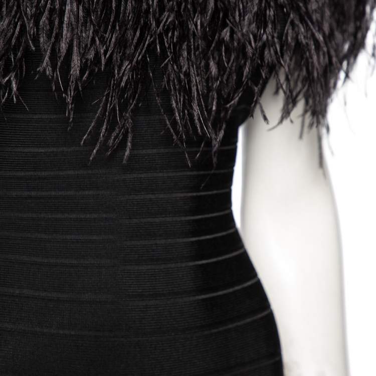 Pre Owned Herve Leger Black Bandage Ostrich Feather Trimmed Off Shoulder Dress XS