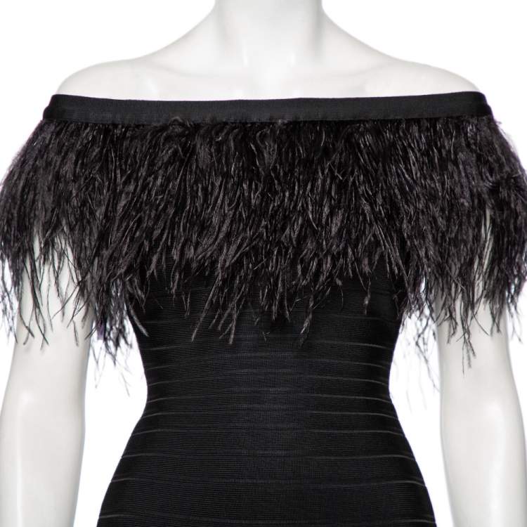 Pre Owned Herve Leger Black Bandage Ostrich Feather Trimmed Off Shoulder Dress XS