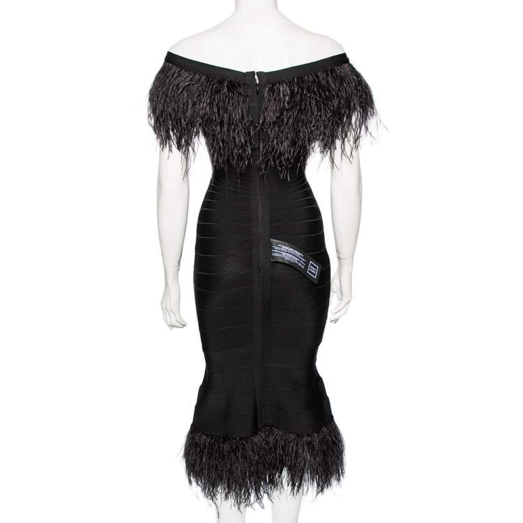 Pre Owned Herve Leger Black Bandage Ostrich Feather Trimmed Off Shoulder Dress XS