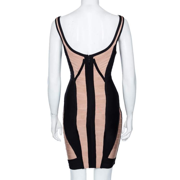 مملوكة مسبقًا Herve Leger Beige & Black Karina Bandage Sleeveless Bodycon Mini Dress XS