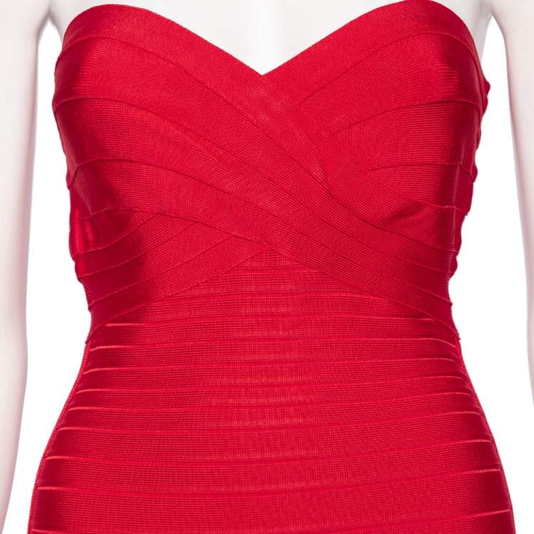 مملوكة مسبقًا Herve Leger Red Bandage Sara Strapless Bodycon Flute Dress L