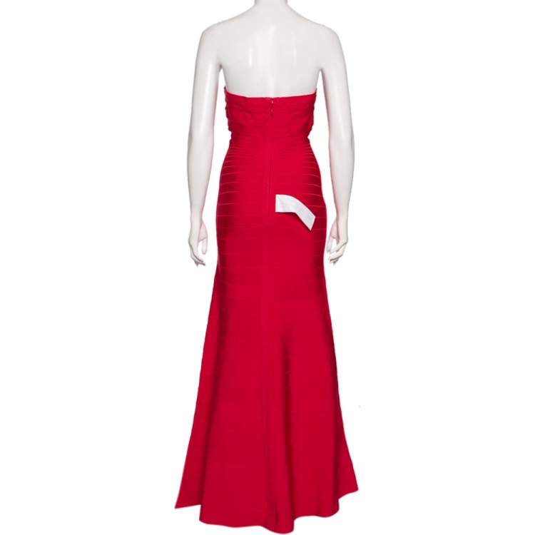 مملوكة مسبقًا Herve Leger Red Bandage Sara Strapless Bodycon Flute Dress L