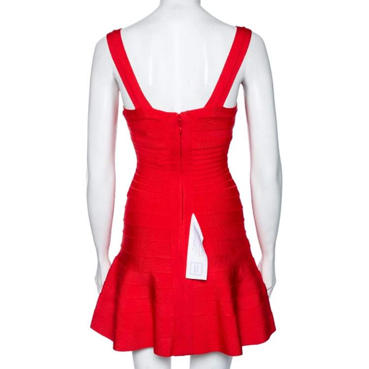 Pre Owned Herve Leger Coral Pink Bandage Kyra Mini Dress XS