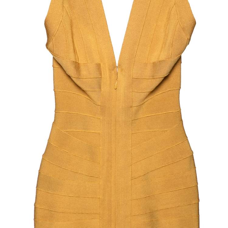 Pre Owned Herve Leger Gold Knit Tonal Panel Detail Halter Neck Lilou Dress XS