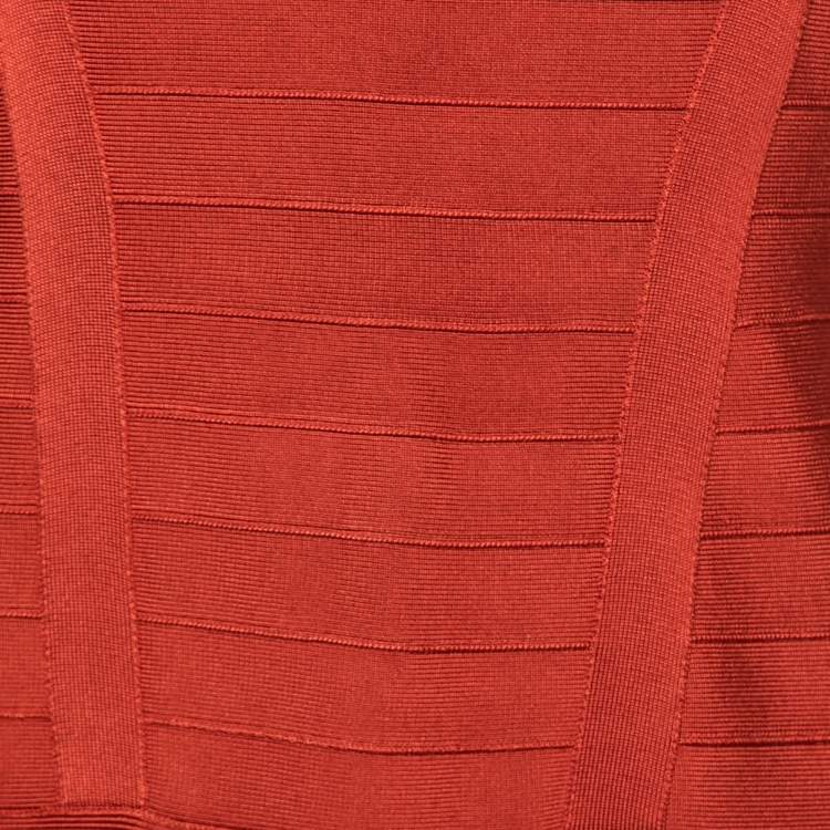 Pre Owned Herve Leger Red Knit Cap-Sleeve Bandage Dress L