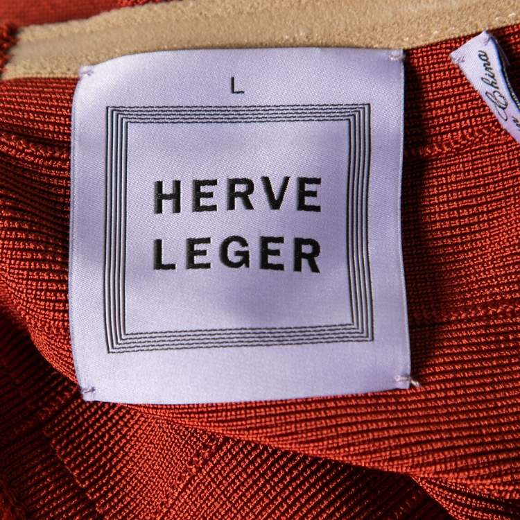 Pre Owned Herve Leger Red Knit Cap-Sleeve Bandage Dress L
