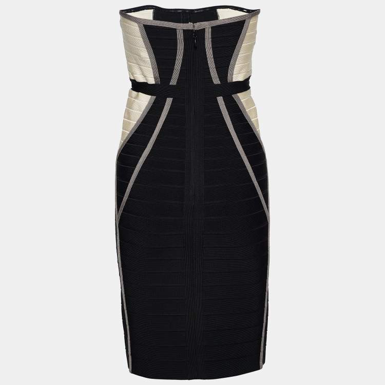 Pre Owned Herve Leger Monochrome Colorblock Knit Frederique Strapless Dress M