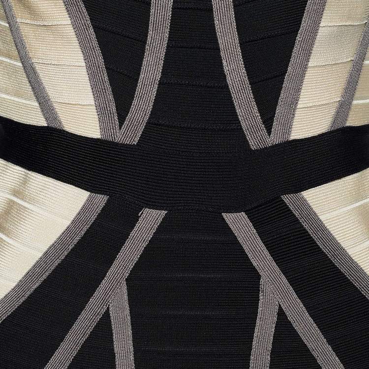 Pre Owned Herve Leger Monochrome Colorblock Knit Frederique Strapless Dress M