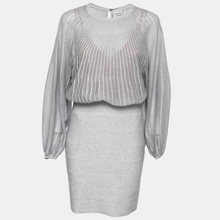 Pre Owned Herve Leger Silver Metallic Lurex-Knit Bandage Mini Dress L