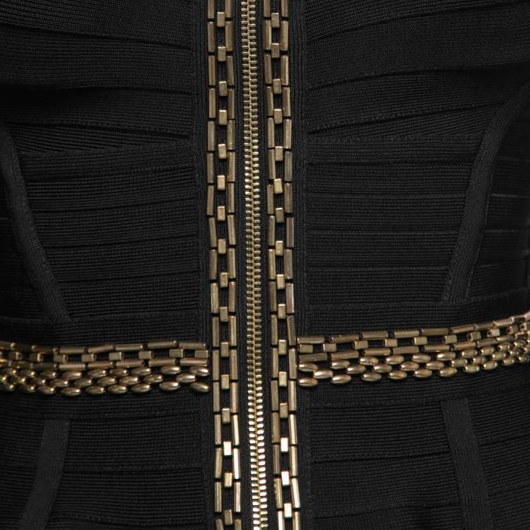 Pre Owned Herve Leger Black Stretch Knit Beaded Peplum Top XS