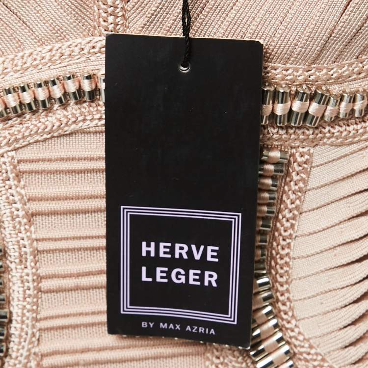 Pre Owned Herve Leger Pink Knit Beaded Strapless Bodycon Mini Dress XS