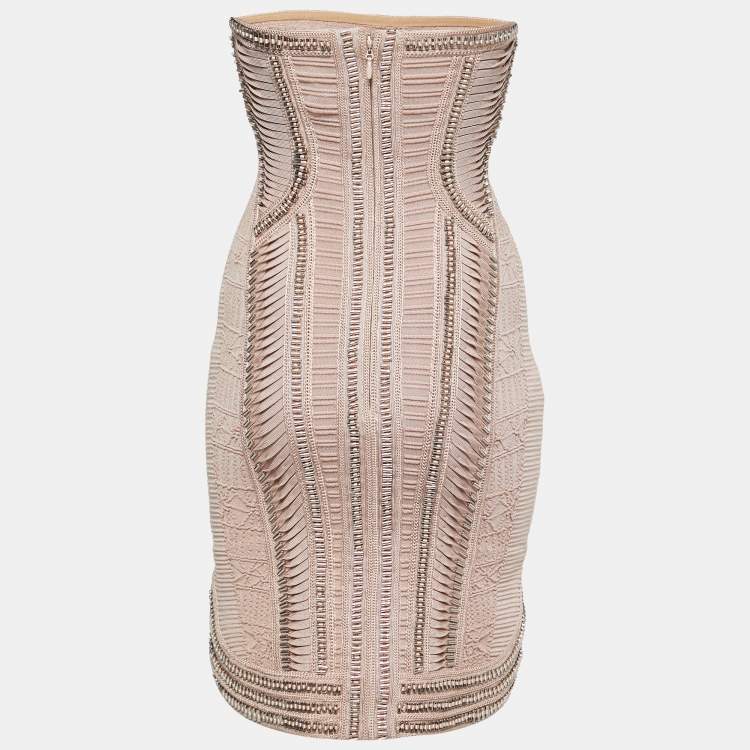 Pre Owned Herve Leger Pink Knit Beaded Strapless Bodycon Mini Dress XS