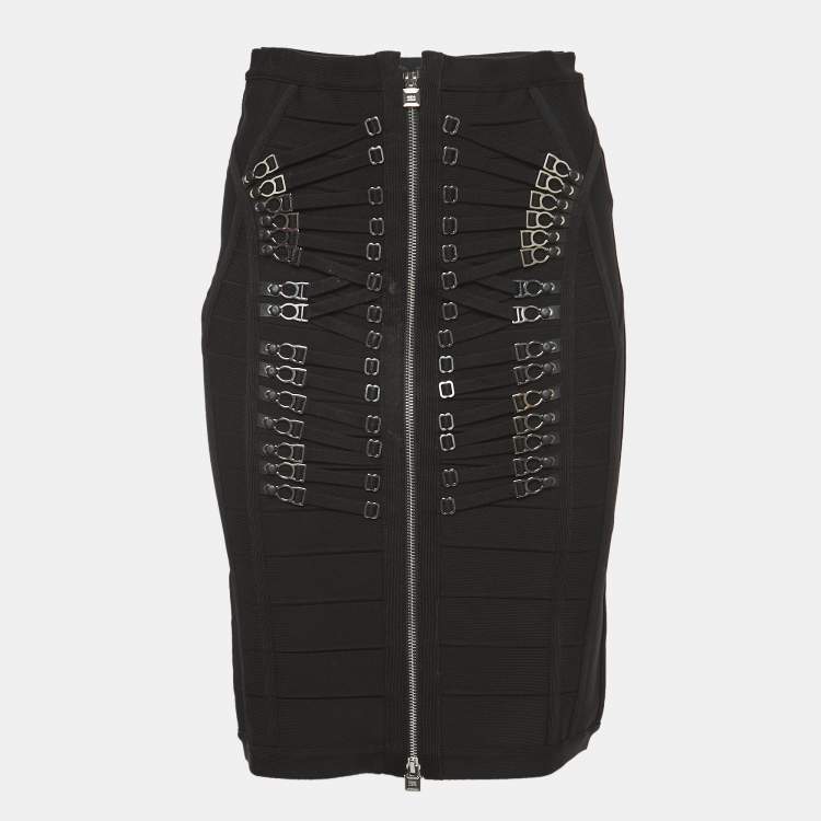 Pre Owned Herve Leger Black Knit Lace-Up Detail Mini Skirt M