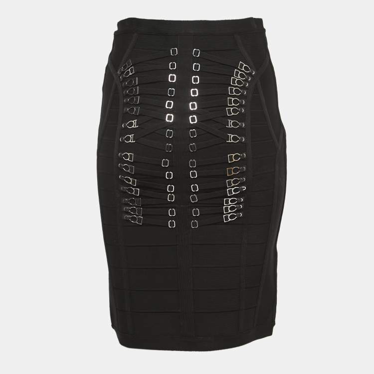 Pre Owned Herve Leger Black Knit Lace-Up Detail Mini Skirt M