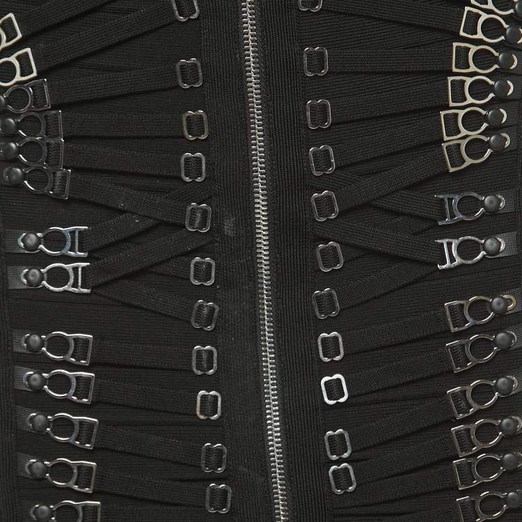 Pre Owned Herve Leger Black Knit Lace-Up Detail Mini Skirt M
