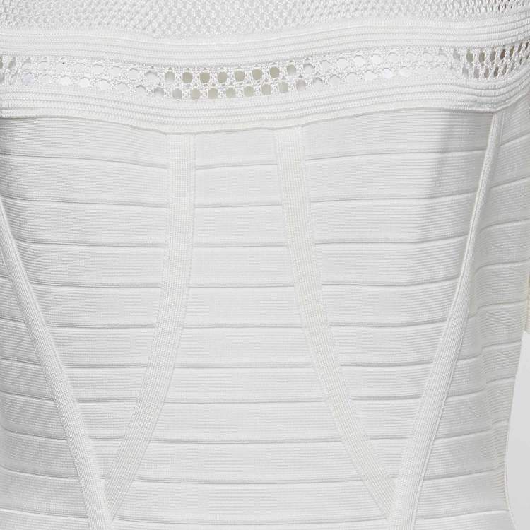 Pre Owned Herve Leger White Bandage Knit Pleated Haylynn Dress L