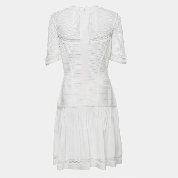 Pre Owned Herve Leger White Bandage Knit Pleated Haylynn Dress L