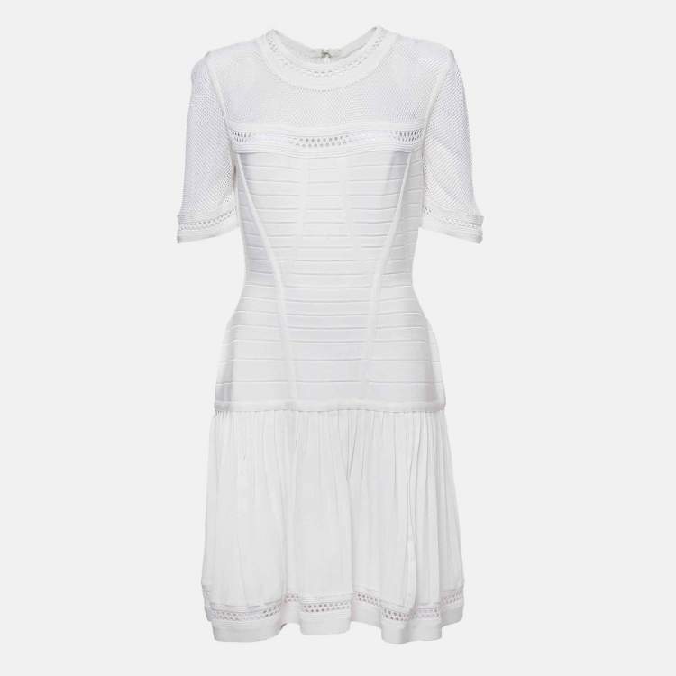 Pre Owned Herve Leger White Bandage Knit Pleated Haylynn Dress L