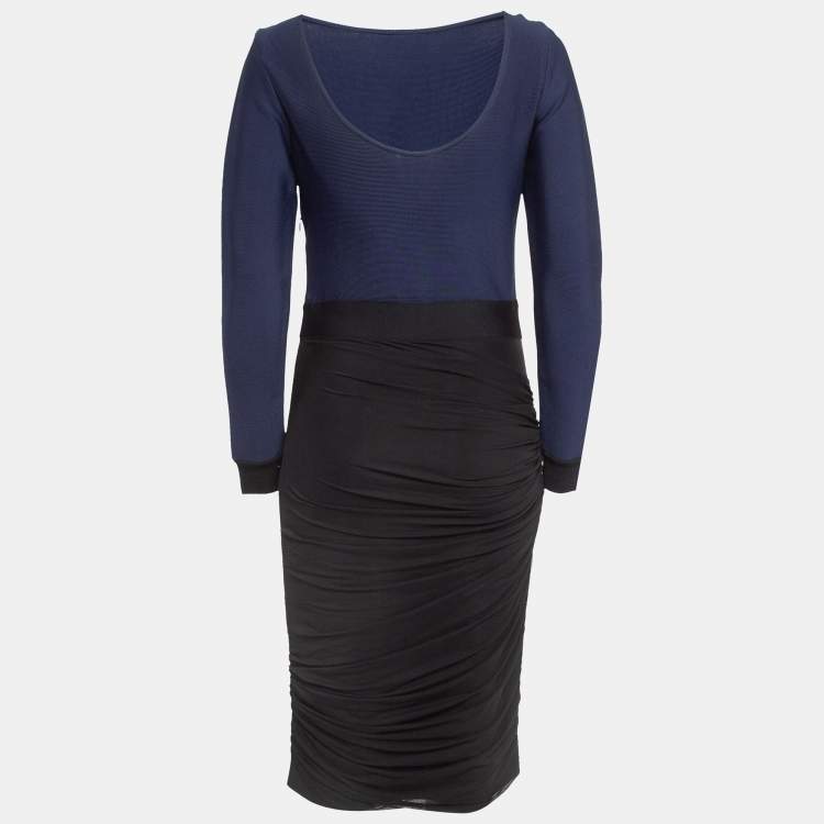 Pre Owned Herve Leger Navy Blue/Black Mesh Trim Knit Ruched Bandage Dress L