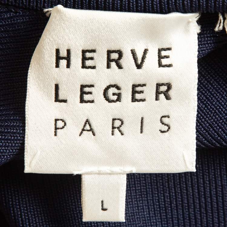 Pre Owned Herve Leger Navy Blue/Black Mesh Trim Knit Ruched Bandage Dress L