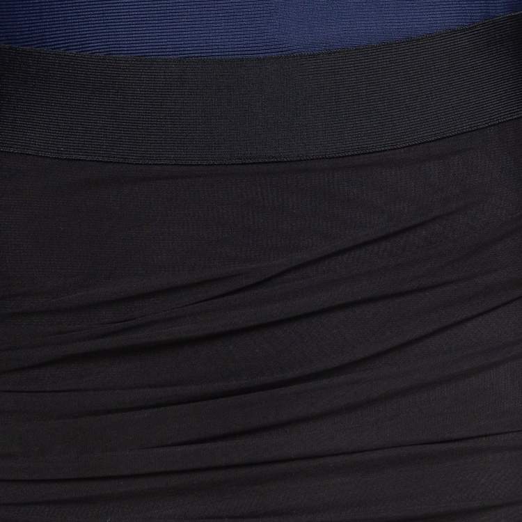 Pre Owned Herve Leger Navy Blue/Black Mesh Trim Knit Ruched Bandage Dress L