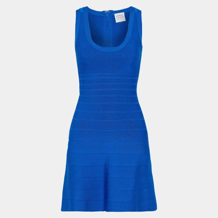Pre Owned Herve Leger Blue Bandage Knit Mini Dress M