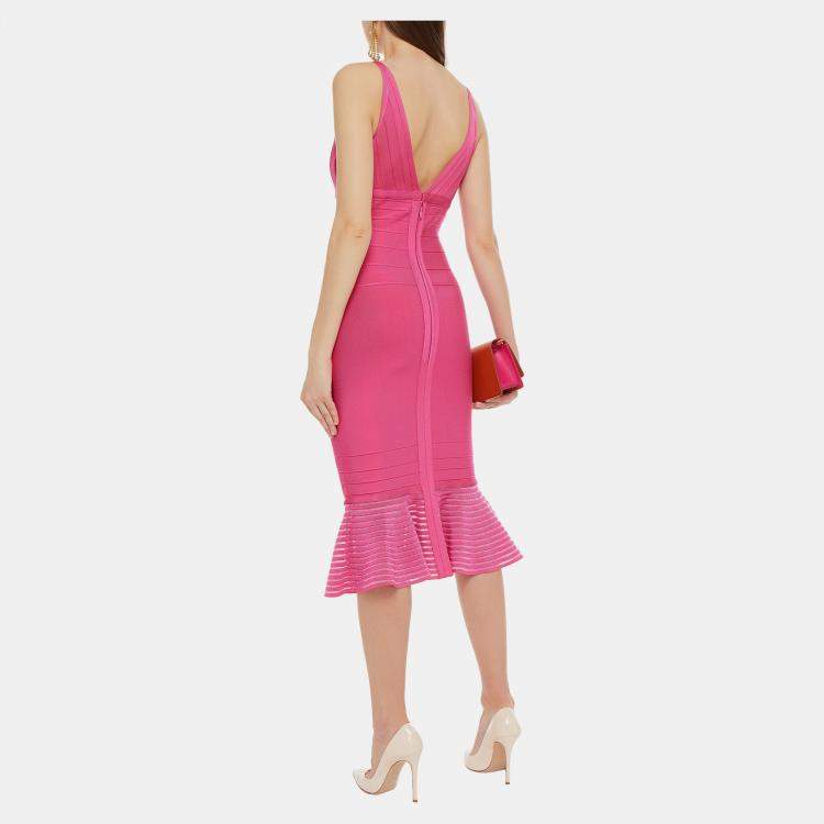 Pre Owned Herve Leger Pink Bandage Knit Midi Dress M