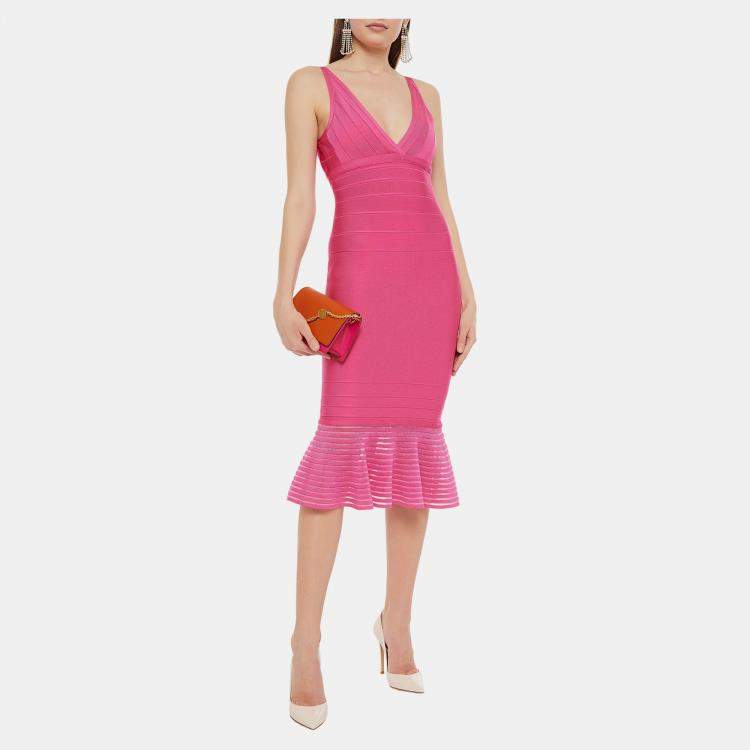 Pre Owned Herve Leger Pink Bandage Knit Midi Dress M
