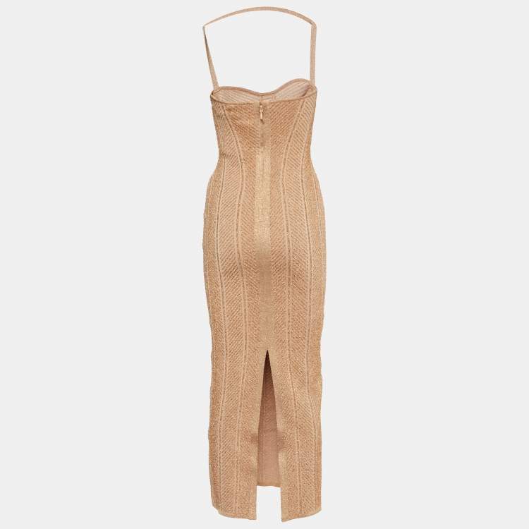 Pre Owned Herve Leger Metallic Rose Gold Knit Midi Dress XS